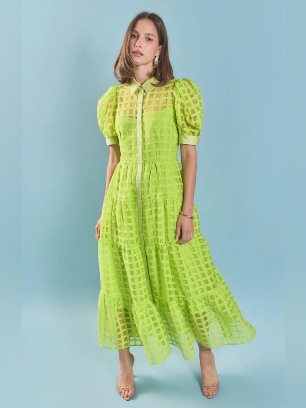 English Factory Gridded Organza Tiered Maxi Dress